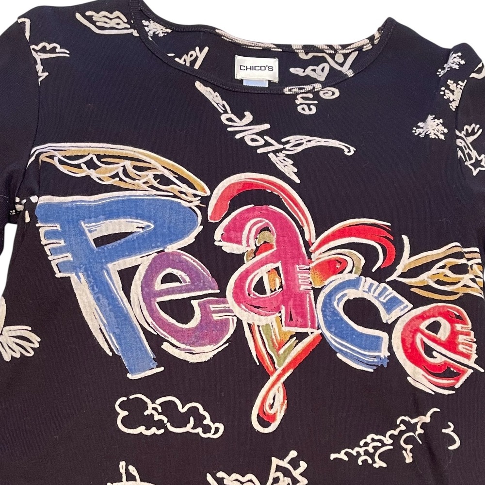 Chico's Size 1‎ Peace Love Happiness Graffiti Black Cotton Top Women's Medium